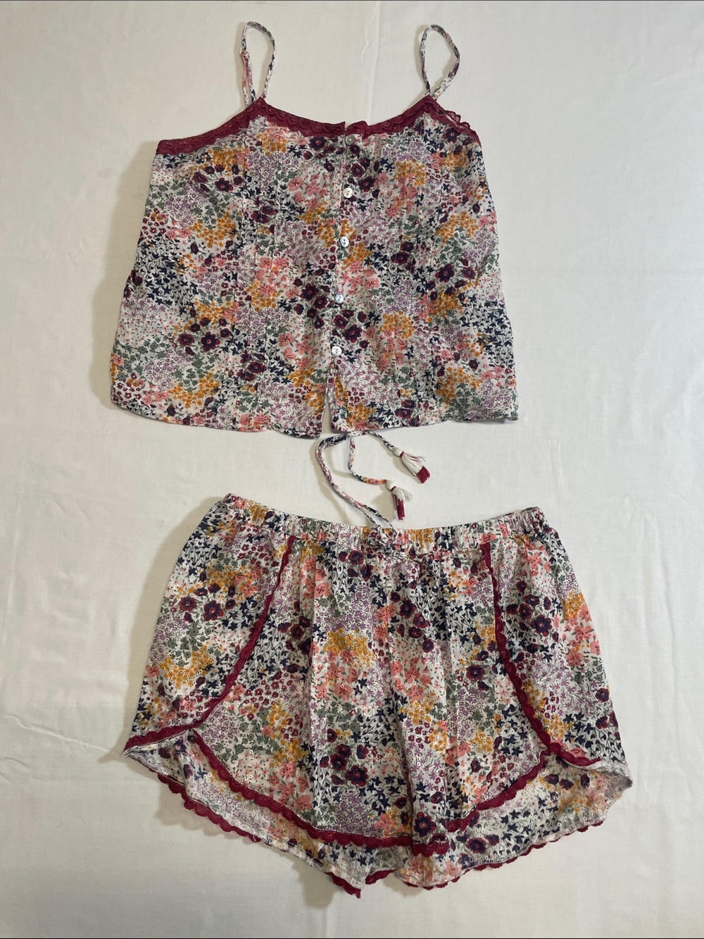 Floral Two-Piece Camisole short Sleep Set with Burgundy lace Trim